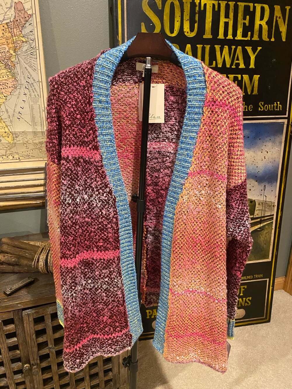 Elan Color-Pink Multi Stripe Chunky Knit Oversized Cardigan